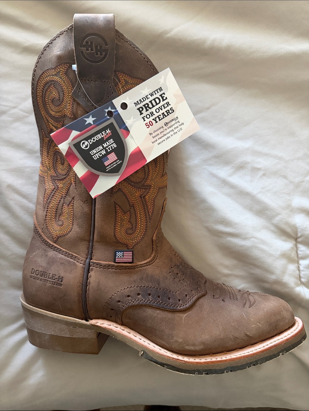 Double H Men's Brown Western Work Boot with Embroidered Shaft